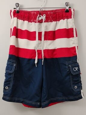 OP Men’s Red White Navy Cargo Board Swim Shorts Americana Mens S  Waist 28-30